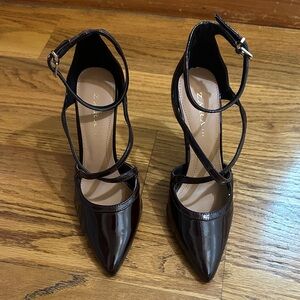 Zara TRF Pointed Toe Double Strap Elegant Burgundy Patent Heels